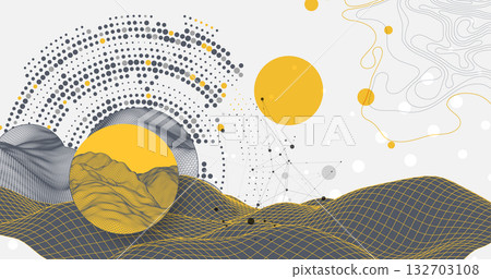 Abstract wireframe background. Modern science or technology art elements. Surface illustration inside circles Abstract wireframe background. Modern science or technology art elements. Surface illustration inside circles 132703108