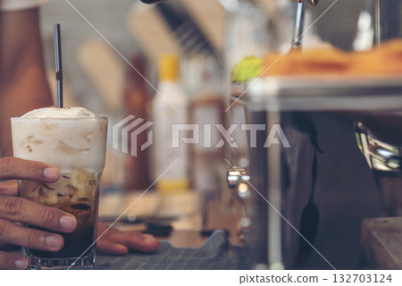 Latte art coffee cup with milk on wooden table. Espresso shot make latte art hot coffee cup. Cappuccino with milk in italian coffee shop cafe. Brown hot caffeine beverage in cafeteria with copy space Latte art coffee cup with milk on wooden table. Espresso shot make latte art hot coffee cup. Cappuccino with milk in italian coffee shop cafe. Brown hot caffeine beverage in cafeteria with copy space 132703124