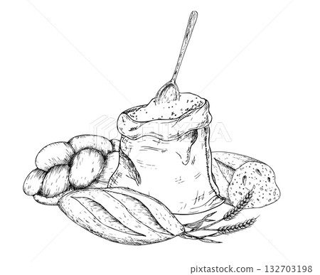 Vector croissant and wheat in a rustic canvas bag. Vintage outline hand drawn illustration perfect for organic bakery branding. Detailed design ideal for farm-to-table or harvest-themed content 132703198