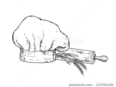 Vector Chef hat. Graphic ink professional cap sign and symbol, kitchen tool illustration isolated on background. Hand drawn line sketch. For designers, prints, logo, icon, menu, postcards, holiday 132703200