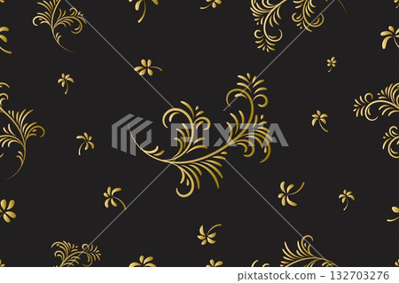 Elegant floral seamless pattern, for fabric, textile, clothing, wrapping paper, cover, home decor, abstract background vector illustration. Gradient gold color on black background. 132703276