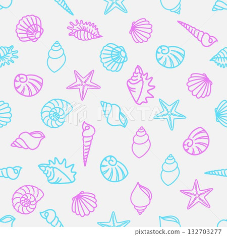 Seamless pattern of various seashells and starfish in pink and blue outlines on a light grey background, often used for backgrounds, textiles, and other decorative applications. Seamless pattern of various seashells and starfish in pink and blue outlines on a light grey background, often used for backgrounds, textiles, and other decorative applications. 132703277