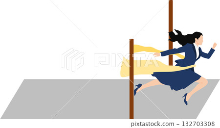 Illustration of a woman crossing the finish line in first place Illustration of a woman crossing the finish line in first place 132703308