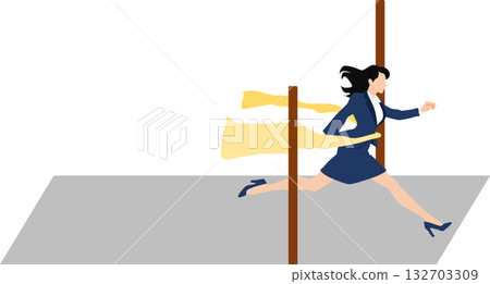 Illustration of a woman crossing the finish line in first place 132703309