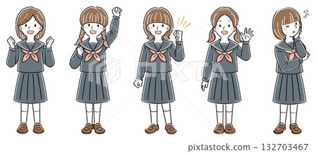 一組身著制服的女學生全身插畫,包含各種姿勢和表情(握拳、揮手、擔憂)。 一組身著制服的女學生全身插畫,包含各種姿勢和表情(握拳、揮手、擔憂)。 132703467
