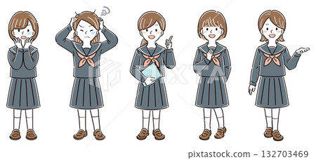 一組身著制服的女學生全身插畫，姿勢和表情各異（焦慮、痛苦、解釋、理解、指導）。 132703469
