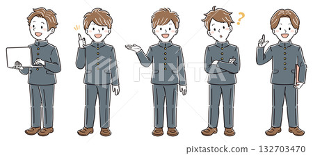 一組身著制服的男學生全身插畫，姿勢和表情各異（筆記型電腦、講解、指導、提問） 132703470