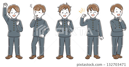 Full-body illustration set of male students in uniforms, various poses and expressions (fist pump, thinking, worrying) Full-body illustration set of male students in uniforms, various poses and expressions (fist pump, thinking, worrying) 132703471
