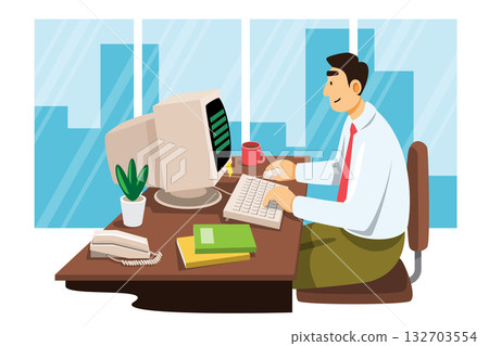 Age of Information. Office worker working on computers. Cartoon character illustration. Isolated white background. Vector. 132703554