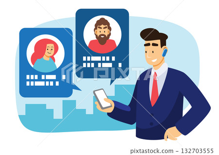 Age of Digital and Information Revolution. Businessman is talking business with customer via online chat. Isolated white background. Vector . 132703555