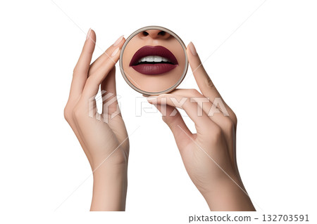 Woman admiring her reflection, focusing on her lips, in handheld mirror held gently in her hands, isolated on transparent background for beauty concepts Woman admiring her reflection, focusing on her lips, in handheld mirror held gently in her hands, isolated on transparent background for beauty concepts 132703591