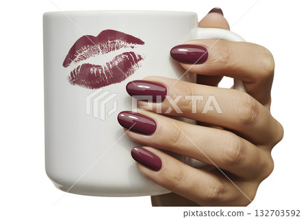 Woman's hand with elegant burgundy nail polish holding white ceramic mug with bold red lipstick kiss mark, isolated on transparent background 132703592