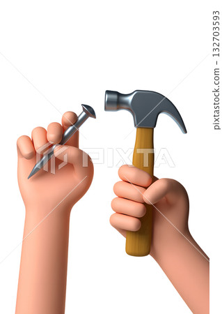 Cartoon hands holding hammer and nail, ready for work or diy project, isolated on transparent background. Perfect for teamwork and construction concepts 132703593