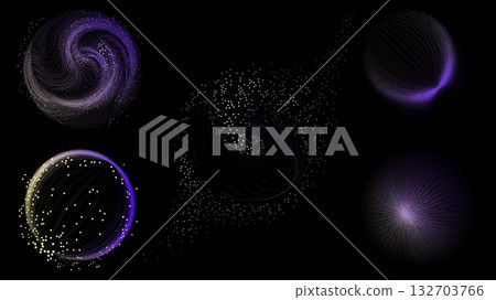 Abstract violet particle galaxy with curved motion lines on black background 132703766