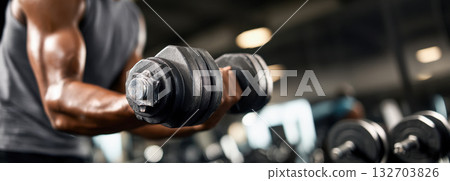 Strength training session with dumbbell in modern gym environment 132703826