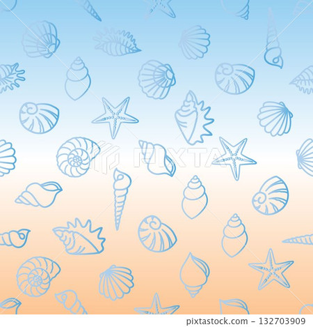 Seamless pattern of various seashells and starfish in blue outlines on a gradient orange and blue background, often used for backgrounds, textiles, and other decorative purposes.  132703909
