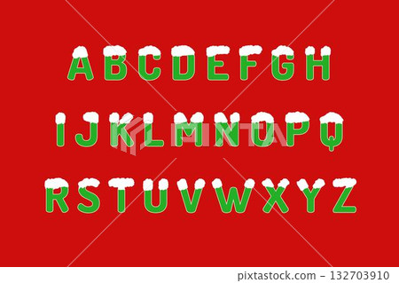 Alphabet uppercase with snow capped effect with green on red background. Christmas and New Year celebrations concept. Alphabet uppercase with snow capped effect with green on red background. Christmas and New Year celebrations concept. 132703910