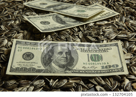 Dollars banknotes and sunflower seeds, oleaginous Commodity value concept. Dollars banknotes and sunflower seeds, oleaginous Commodity value concept. 132704105