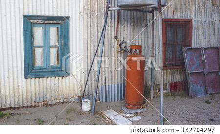 Picturesque typical construction in the town of Puerto Piramides, Peninsula Valdes, Chubut Province, Patagonia, Argentina. 132704297