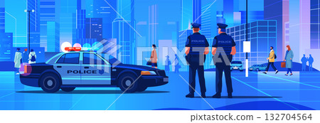 Police officers city patrol urban security street scene modern buildings pedestrians patrol car blue color palette Police officers city patrol urban security street scene modern buildings pedestrians patrol car blue color palette 132704564