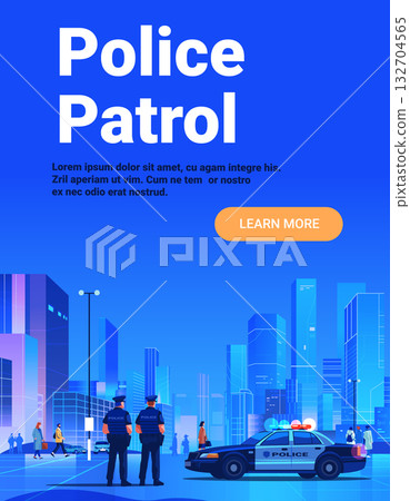 Police patrol city security officers police car urban skyscrapers modern downtown street people walking website banner 132704565