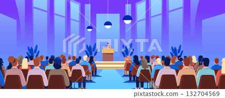 Conference audience listening keynote speaker modern auditorium large windows indoor plants blue purple background event presentation stage 132704569