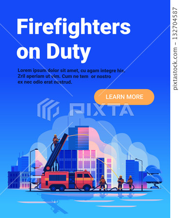Firefighters on duty city emergency fire truck spraying water urban buildings teamwork modern flat website banner 132704587
