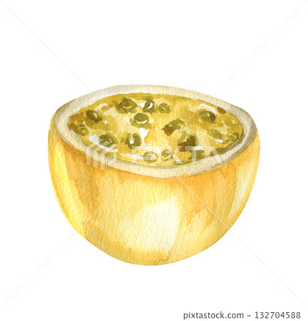 Yellow passion fruit half part with pulp and pts watercolor illustration. Hand drawn sliced tropical sweet fruit, vegan healthy juicy food, drinks and dessert ingredient for label, logo design Yellow passion fruit half part with pulp and pts watercolor illustration. Hand drawn sliced tropical sweet fruit, vegan healthy juicy food, drinks and dessert ingredient for label, logo design 132704588