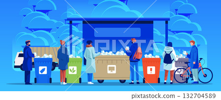 People sorting waste recycling bins environmental conservation group activity modern city background blue color scheme banner 132704589