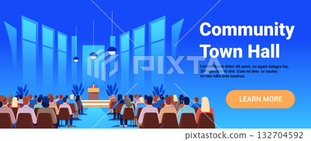 Community town hall meeting audience listening speaker modern conference room blue background stage podium plants website banner Community town hall meeting audience listening speaker modern conference room blue background stage podium plants website banner 132704592