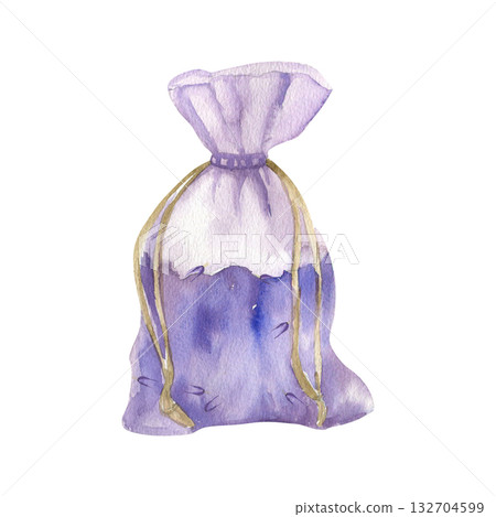 Purple string bag with dry lavender flowers watercolor illustration. Hand drawn aromatic home sachet with filed herbs, cottage core style clipart for wellness, spa center poster, card design 132704599
