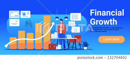 Financial growth business analytics man bar chart upward arrow modern office workspace blue background website banner Financial growth business analytics man bar chart upward arrow modern office workspace blue background website banner 132704602