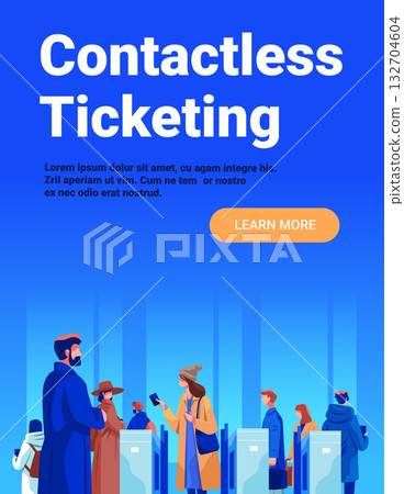 Contactless ticketing digital access passengers scanning phones at turnstiles modern public transport system blue gradient background landing page Contactless ticketing digital access passengers scanning phones at turnstiles modern public transport system blue gradient background landing page 132704604