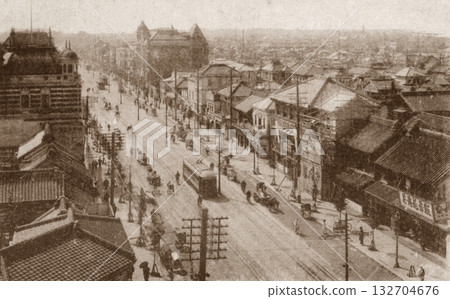 Old photo, 1911-1918, panorama of Nihonbashi-dori street, Tokyo (near Nihonbashi 2-chome) Old photo, 1911-1918, panorama of Nihonbashi-dori street, Tokyo (near Nihonbashi 2-chome) 132704676