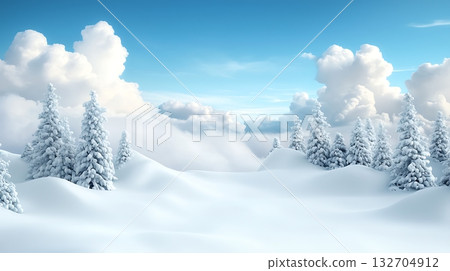 Snowy Landscape with Fluffy Clouds and Majestic Pine Trees Under a Clear Blue Sky Snowy Landscape with Fluffy Clouds and Majestic Pine Trees Under a Clear Blue Sky 132704912