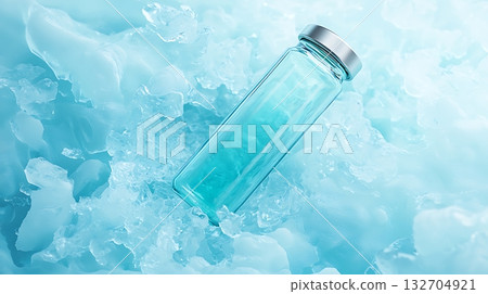 Glass Bottle with Aqua Liquid Surrounded by Ice Crystals on Light Blue Background 132704921