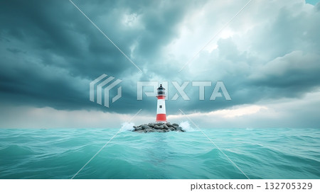Majestic Lighthouse Standing Tall on Rocky Island Amidst Turbulent Ocean and Dark Stormy Skies 132705329
