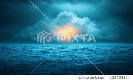 Dramatic Stormy Sky Over Dark Ocean Waves with Lightning and Glowing Light at Dusk 132705354
