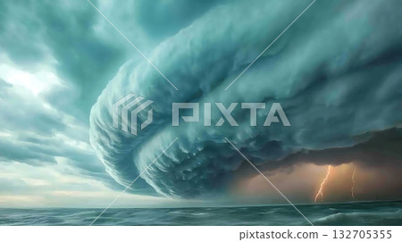 Dramatic Formation of Storm Clouds Over Ocean with Lightning Striking in the Background 132705355