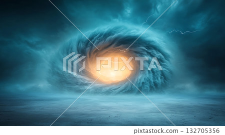 Dramatic Swirling Cloud Formation with Lightning and Bright Orange Light in Dark Sky 132705356