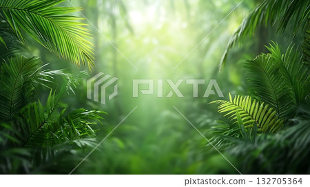 Lush Green Jungle Vegetation with Sunlight Filtering Through Dense Tropical Foliage 132705364