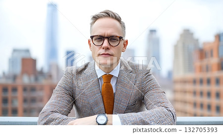 Confident Businessman in Stylish Attire with City Skyline in the Background 132705393