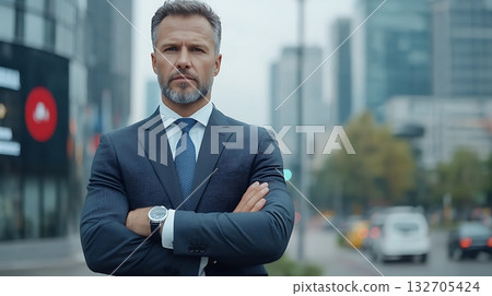 Confident Businessman in Urban Setting with Professional Attire and Watch, City Background 132705424