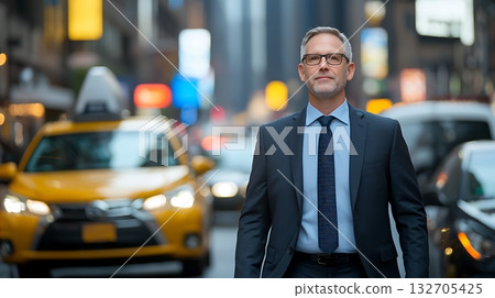 Businessman Walking Through Urban Street with Traffic and City Lights in Background 132705425