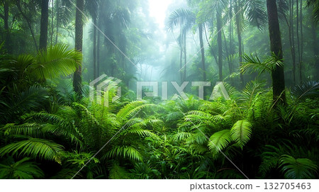 Lush Green Jungle with Dense Ferns and Misty Atmosphere in Tropical Rainforest Setting 132705463