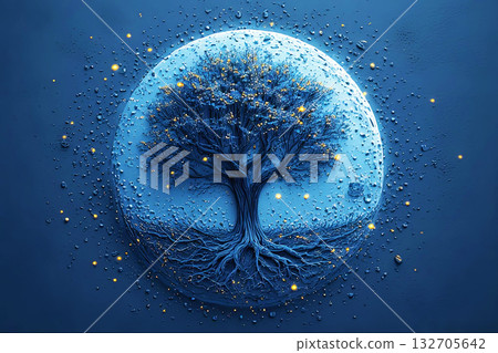 Tree of Life with blue roots and branches decorated with golden particles, symbolizing cosmic growth 132705642