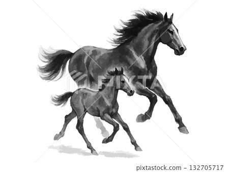 Ink painting silhouette of a parent and child horse New Year's card material 132705717