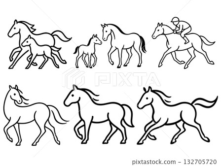 一套簡單的馬匹線條畫插圖(2026新年賀卡素材) 一套簡單的馬匹線條畫插圖(2026新年賀卡素材) 132705720