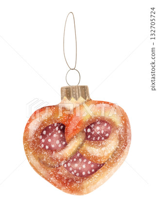 Watercolor illustration of a vintage Christmas decoration in the form of a pretzel and a sugar bun. Watercolor illustration of a vintage Christmas decoration in the form of a pretzel and a sugar bun. 132705724