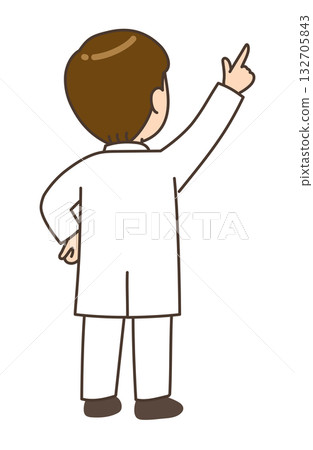 A male doctor from behind pointing diagonally upwards with his hands on his hips A male doctor from behind pointing diagonally upwards with his hands on his hips 132705843